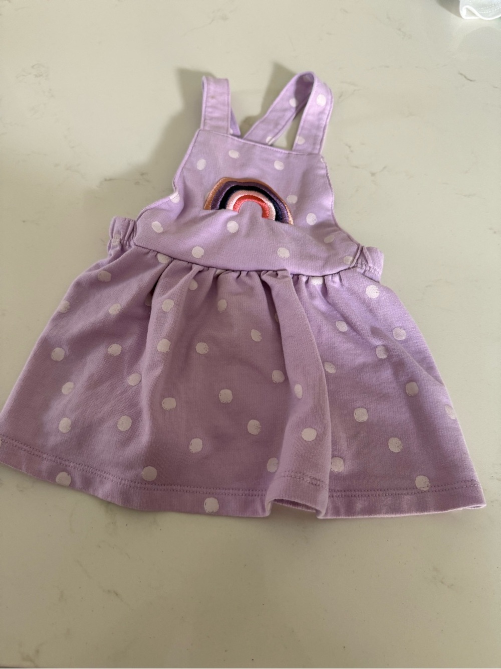 Lilac Polka Dot Overall Dress with Rainbow Patch - Kids One Piece size 9 months